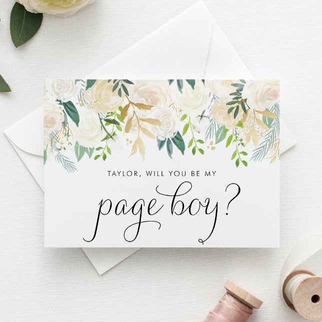 Wasserfarbe Elfenbein Blume Gold Page Boy Vorschla Karte (Charming floral page boy proposal card with ivory flowers, greenery, and faux gold foil accents.)