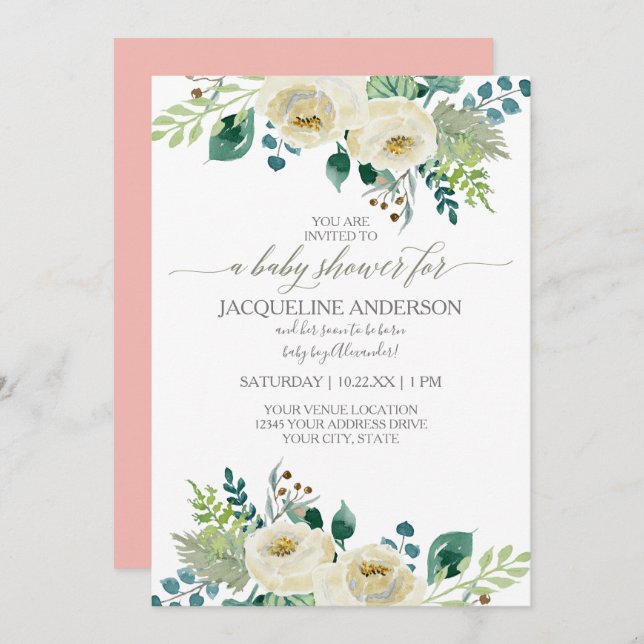 Wasserfarbe Elfenbeinblume Rose Leaf Baby Girl Dus Einladung (Vorne/Hinten)
