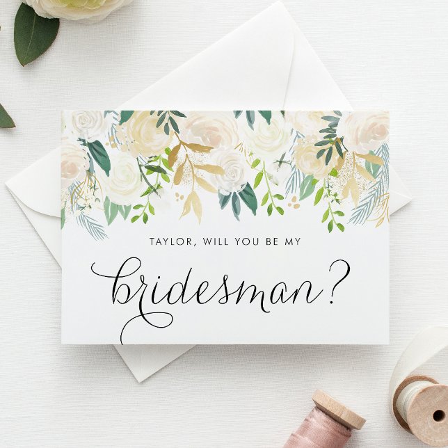 Wasserfarbe Elfenbeinküste Blume werden mein Bride Karte (Floral bridesman proposal card with watercolor ivory flowers, greenery, and faux gold foil accent.)
