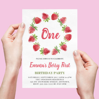 Wasserfarbe Erdbeere Berry Erster Geburtstag Inv. Einladung