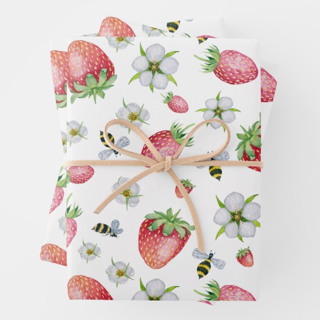 Wasserfarbe Erdbeeren Früchte, Bienen und Blume Geschenkpapier Set (Beispiel)