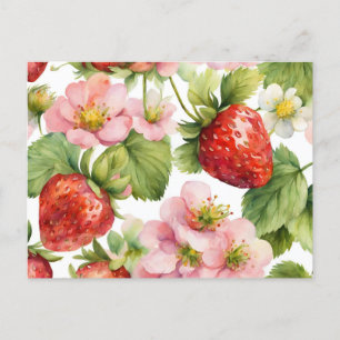 Wasserfarbe Erdbeeren Früchte und rosa Blume Postkarte