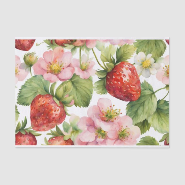 Wasserfarbe Erdbeeren Früchte und rosa Blume Seidenpapier (Vorderseite)