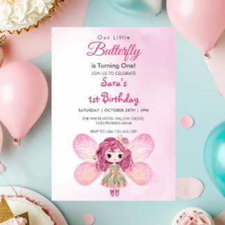 Wasserfarbe Erste 1. Geburtstag Pink Girl Butterfl Einladung