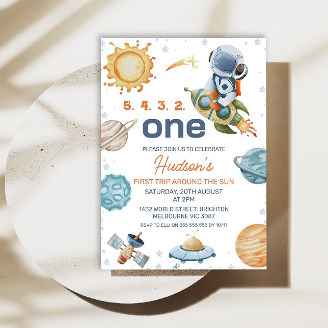 Wasserfarbe Erste Reise rund um die Sonne 1. Gebur Einladung (Editable First Trip Around the Sun Birthday Invitation Boy 1st Birthday Space Birthday Download )