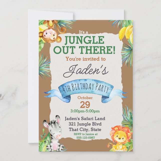 Wasserfarbe Es ist ein Dschungeltierischer Niedlic Einladung (Vorderseite)