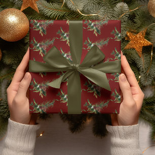 Wasserfarbe Evergreen Branch auf Cranberry Red Geschenkpapier