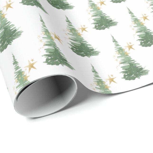 Wasserfarbe Evergreen Tree mit Goldstars Geschenkpapier (Rolleneckpunkt)