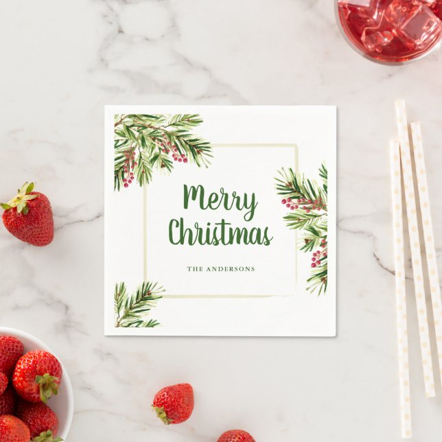Wasserfarbe Evergreen und Berries Weihnachten Napk Serviette (Beispiel)