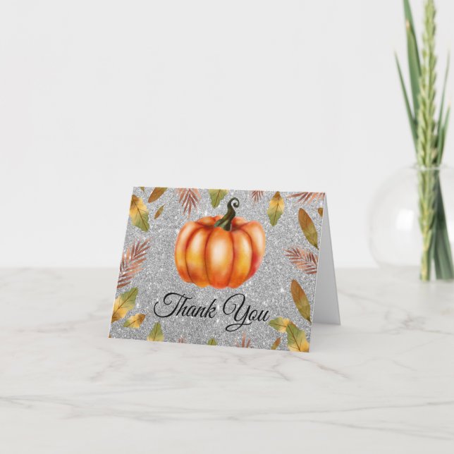 Wasserfarbe Fall Pumpkin Silver Glitzer Orange Dankeskarte (Vorderseite)