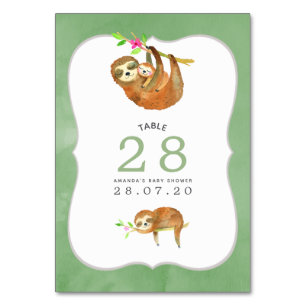 Wasserfarbe Faultier Thema Baby Shower Tischnummer