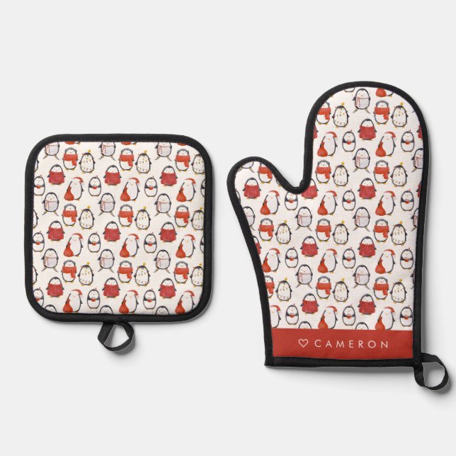 Wasserfarbe Feste Pinguine Muster Weihnachten Ofenhandschuh & Topflappen-Set (Vorderseite)