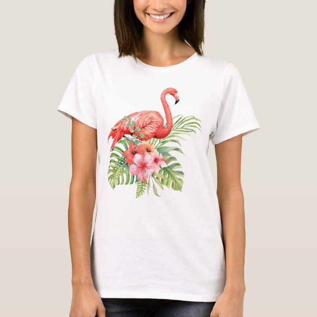 Wasserfarbe Flamingo und Hibiskus T-Shirt (Vorderseite)
