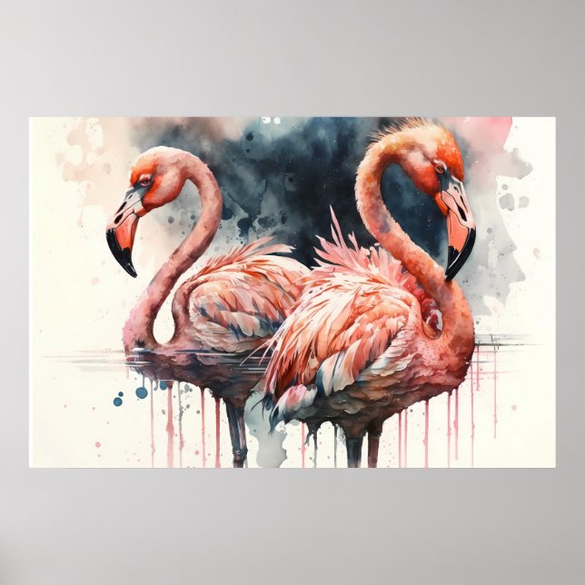 Wasserfarbe Flamingos Rosa Tropisch Poster (Vorne)
