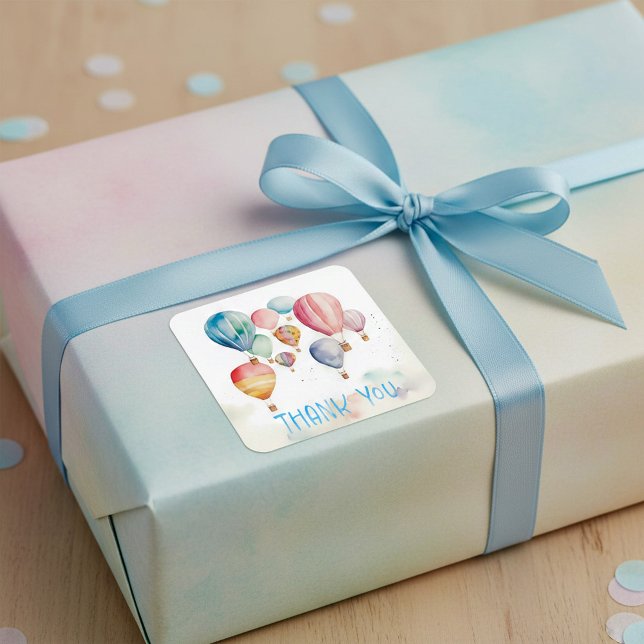 Wasserfarbe fliegende Heißluftballons blau danke Quadratischer Aufkleber (Watercolor flying hot air balloons blue thank you square sticker.)