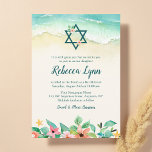 Wasserfarbe Floral Beach Bat Mitzvah Einladung<br><div class="desc">Das elegante Strandhotel Bat Mitzvah lädt zum Verweilen ein. Das Design umfasst tropische Aquarellfarben,  Star of David und Meereswellen am Sand.</div>