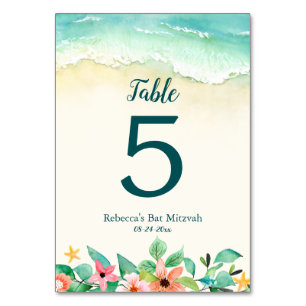 Wasserfarbe Floral Beach Bat Mitzvah Tischnummer