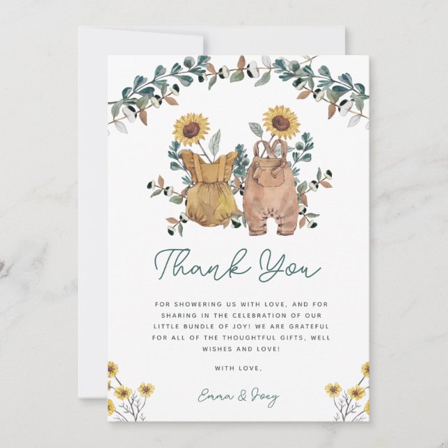 Wasserfarbe Floral Boho Boy Girl Twins Kinderdusch Dankeskarte (Vorderseite)