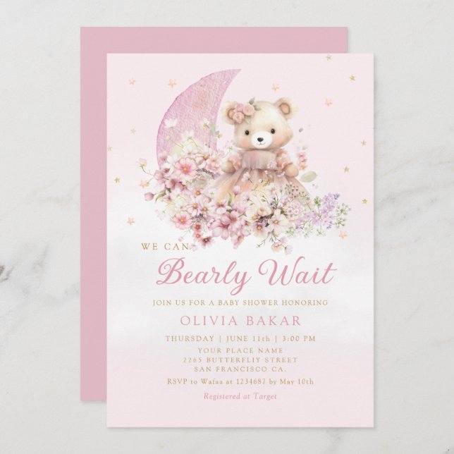 Wasserfarbe Floral Boho Teddy Bear Girl Babydusche Einladung (Vorne/Hinten)