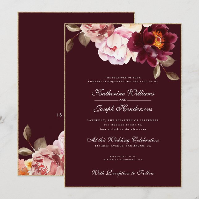 Wasserfarbe Floral Burgundy Bouquet Romance Weddin Einladung (Vorne/Hinten)