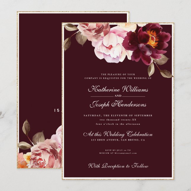 Wasserfarbe Floral Burgundy Bouquet Romance Weddin Einladung (Vorne/Hinten)