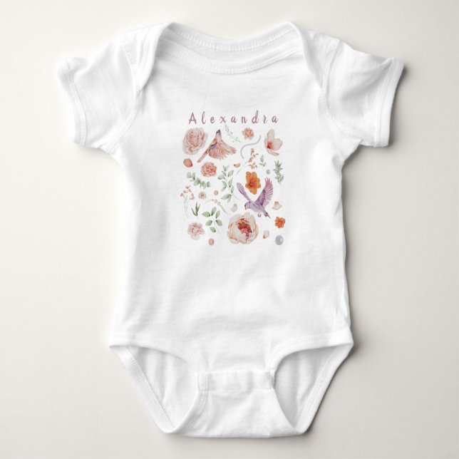 Wasserfarbe Floral Hummingbird Monogramm Name Baby Strampler (Vorderseite)