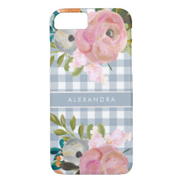 Wasserfarbe Floral und Blauer Gingham mit Namen Case-Mate iPhone Hülle
