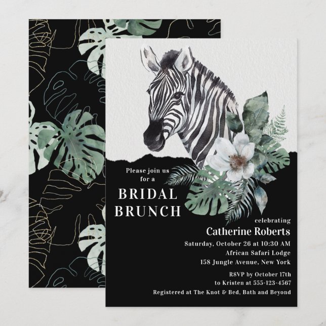 Wasserfarbe Floral Wild Zebra Bridal Brunch Einladung (Vorne/Hinten)