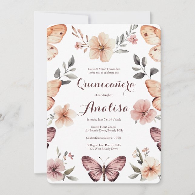 Wasserfarbe Florals Butterfliegen Quinceañera CUST Einladung (Vorderseite)
