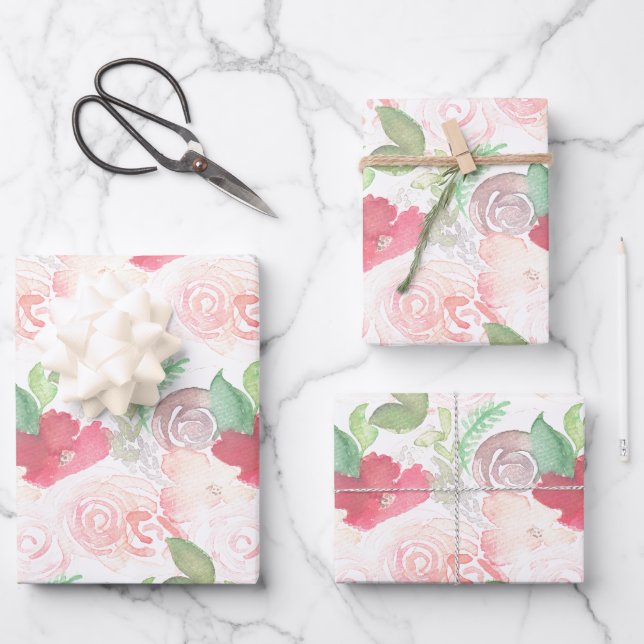 Wasserfarbe Florals Hochzeit Bouquet Handgemalt  Geschenkpapier Set (Vorderseite)