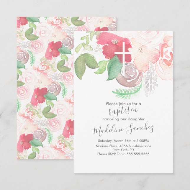 Wasserfarbe Florals Rosa Handgemalte Taufe Einladung (Vorne/Hinten)