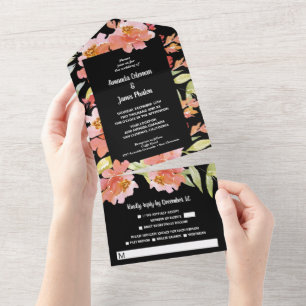 Wasserfarbe Florals Rot auf Schwarzer Hochzeit All In One Einladung