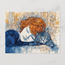 Wasserfarbe Frau Schlafen mit Katze Postkarte