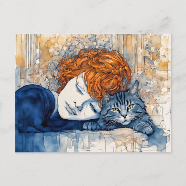 Wasserfarbe Frau Schlafen mit Katze Postkarte (Vorderseite)