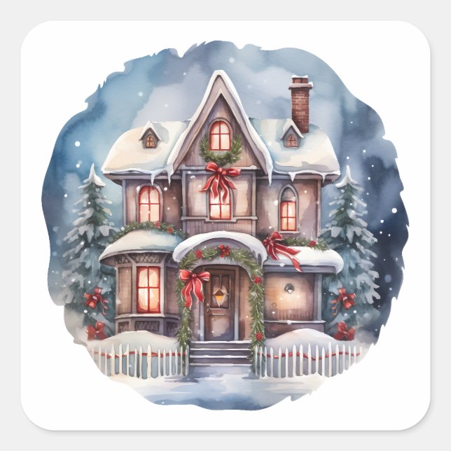Wasserfarbe Frohe Weihnachten Gemütliche Haus Quadratischer Aufkleber (Vorderseite)