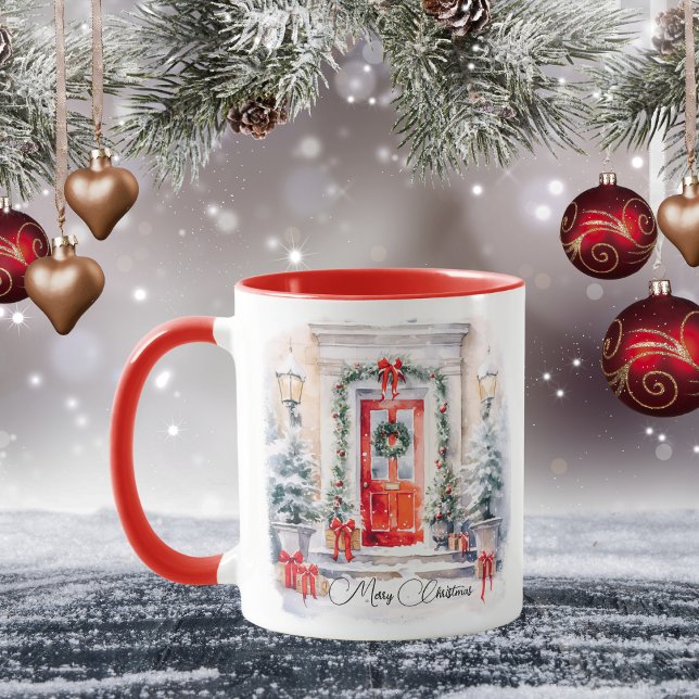 Wasserfarbe Frohe Weihnachten Rote Tür Elegant Tasse (Von Creator hochgeladen)