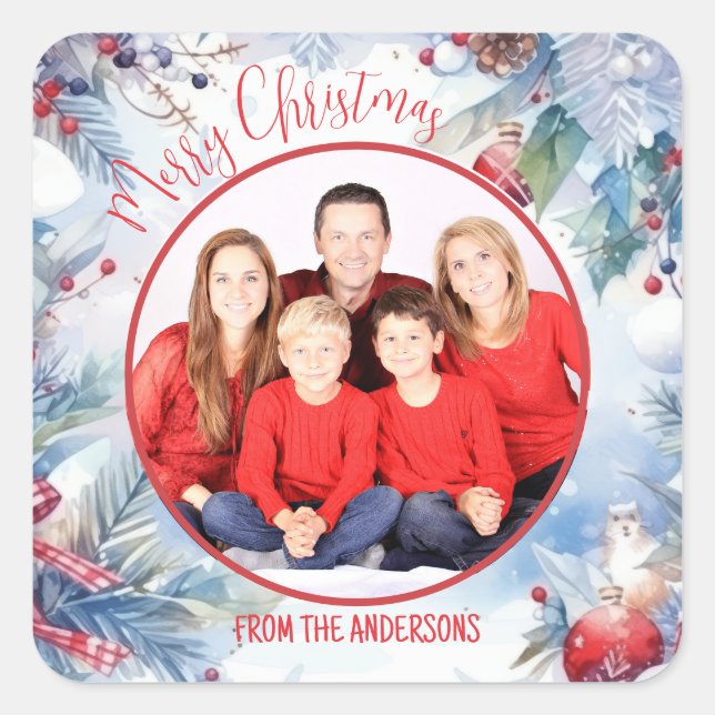 Wasserfarbe Frohe Weihnachts-Winter-Grenzgebirge F Quadratischer Aufkleber (Vorderseite)