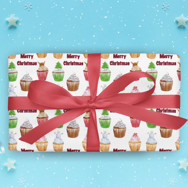 Wasserfarbe Frohe Weihnachtskuchen Geschenkpapier (Share sweet moments with Watercolor Merry Christmas Cupcakes Wrapping Paper for joyous gifting.)