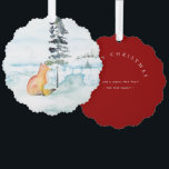 Wasserfarbe Frohe Weihnachtswünsche Fox & Tree Ornament Karte<br><div class="desc">Mit diesem bezaubernden Weihnachtsschmuck mit einem Aquarellfuchs und Kiefernbaum in einer ruhigen Winterlandschaft senden Sie fröhliche Weihnachtswünsche. Die Rückseite des Ornaments zeigt die Worte "Frohe Weihnachten". Personalisieren Sie Ihren Gruß mithilfe der einfachen Vorlagenfelder für eine benutzerdefinierte Touch. Dieses bezaubernde Papierschmuck ist die perfekte Wahl, um einzigartige Weihnachtswünsche zu verbreiten. Ideal...</div>