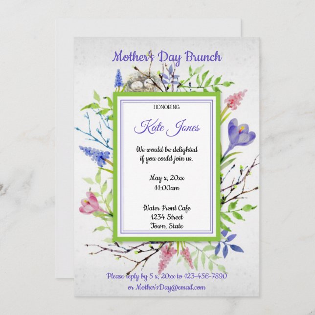 Wasserfarbe, Frühlingsblumen, Muttertagsbrunch Einladung (Vorne/Hinten)