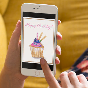 Wasserfarbe Geburtstag Berry Cupcake mit Kerze Karte