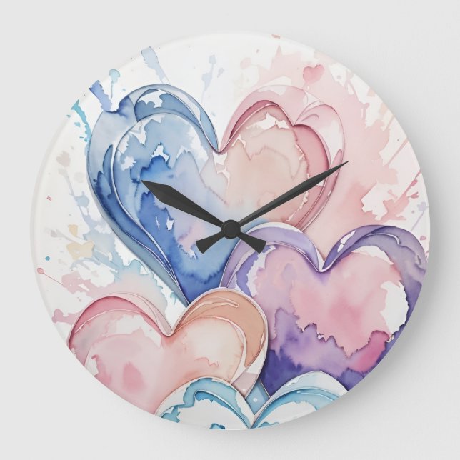 Wasserfarbe Gemalte Herzen Große Wanduhr (Vorderseite)