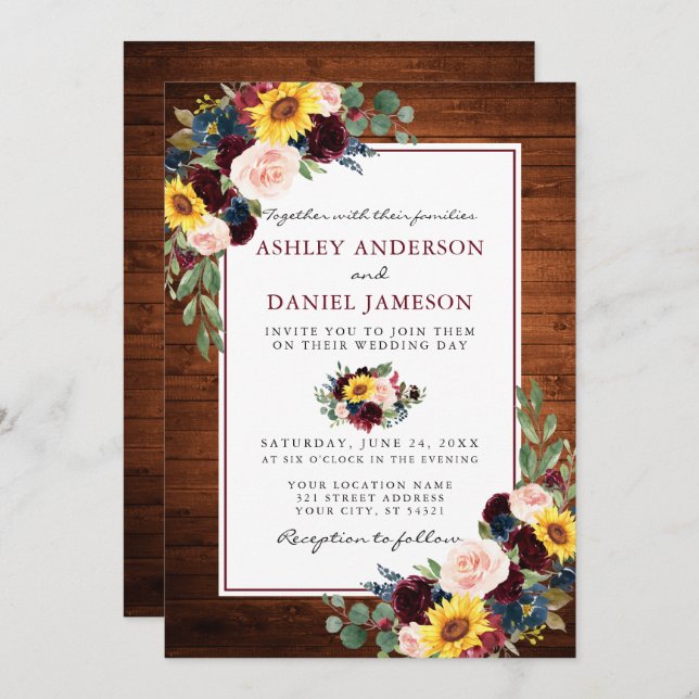 Wasserfarbe gemischte Blumenholz Burgundy Hochzeit Einladung (Vorne/Hinten)