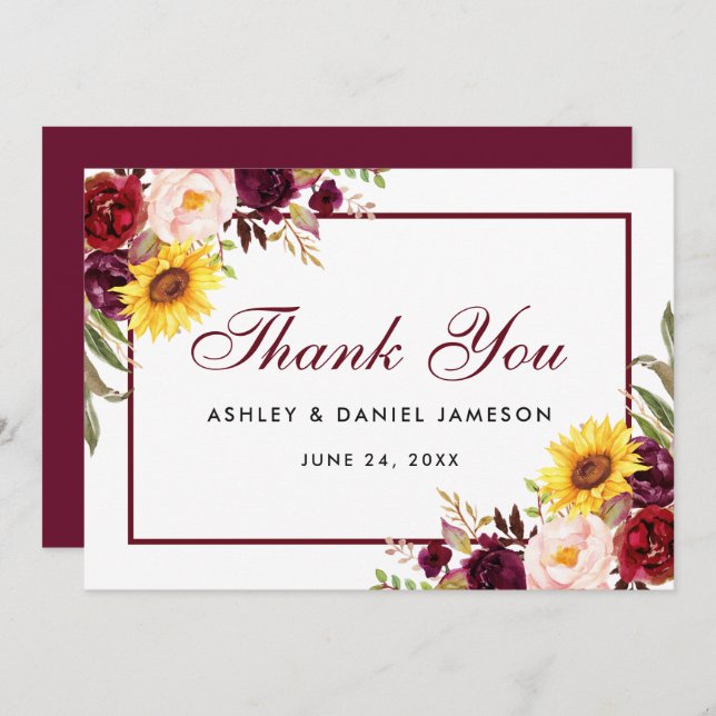 Wasserfarbe gemischte Blütenburgunde Hochzeit Dankeskarte (Vorne/Hinten)