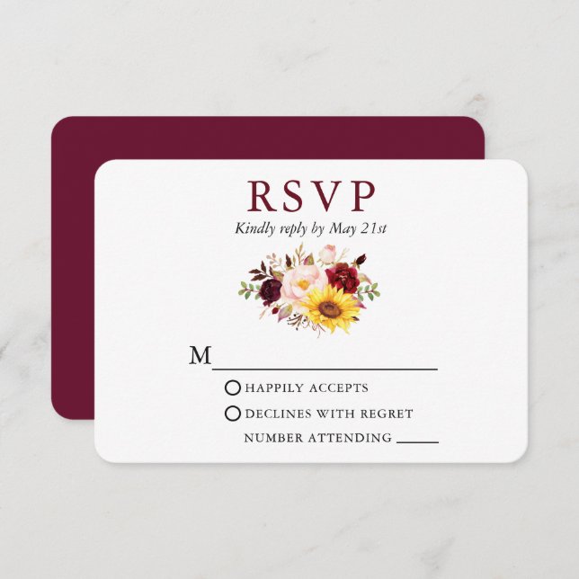 Wasserfarbe gemischte Blütenhochzeit Burgund RSVP Karte (Vorne/Hinten)