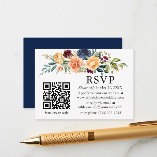 Wasserfarbe gemischte Floral QR Hochzeit Blue UAWG Begleitkarte (Vorderseite/Rückseite Beispiel)