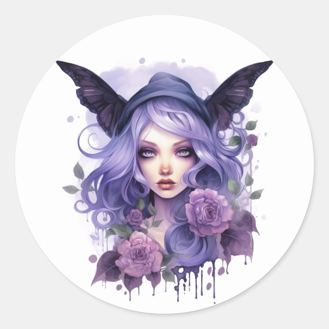 Wasserfarbe Gothic Dark Fairy Runder Aufkleber (Vorderseite)
