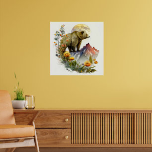 Wasserfarbe Grizzly Bären Blume Mond Poster