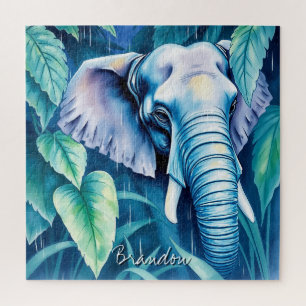 Wasserfarbe Grün & Grau Elefant im Dschungel Puzzle