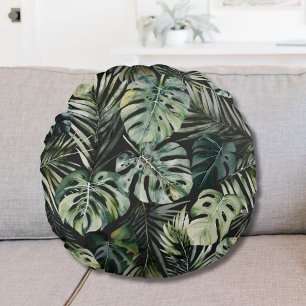 Wasserfarbe Grün Tropischer Wald Blätter Muster Rundes Kissen